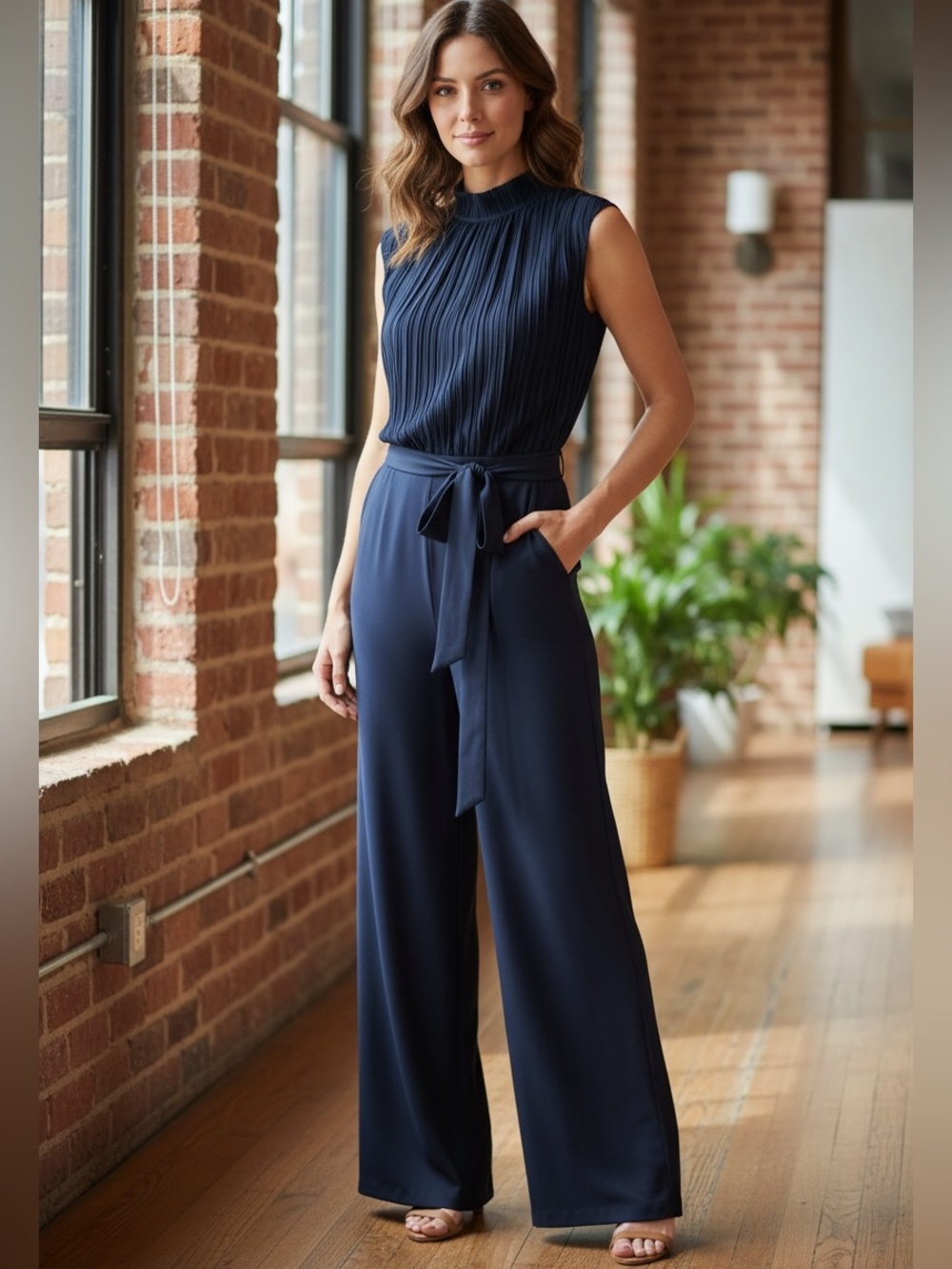 NWT Julia Jordan Womens Chiffon Top Tie Waist Jumpsuit in Navy Size 6